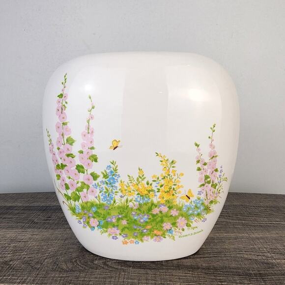 Vintage 10" 1970s The Creative Circle Wide Ceramic Flower Vase Floral Butterfly - Picture 1 of 6